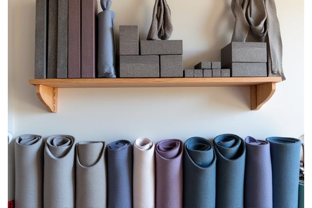 Rangement organisé de tapis de yoga, blocs et sangles prêts pour les cours.